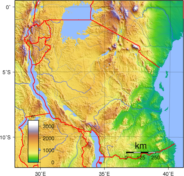Tansania, Topographie, Relief, Karte